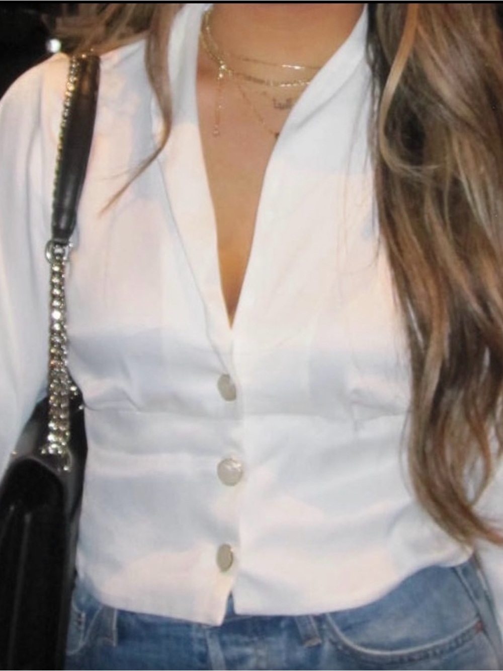 Zara White Button-Front V-Neck Blouse